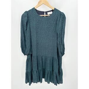 Aura Dress Women MEDIUM Navy Blue Green Printed Long Sleeve Tiered Mini